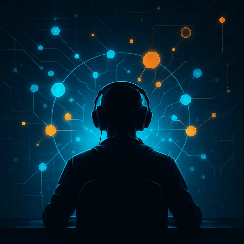Silhouette of gamer with neural network nodes